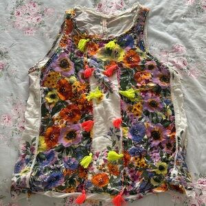 RAGA Multicolor Floral Tank Top with Neon Tassels